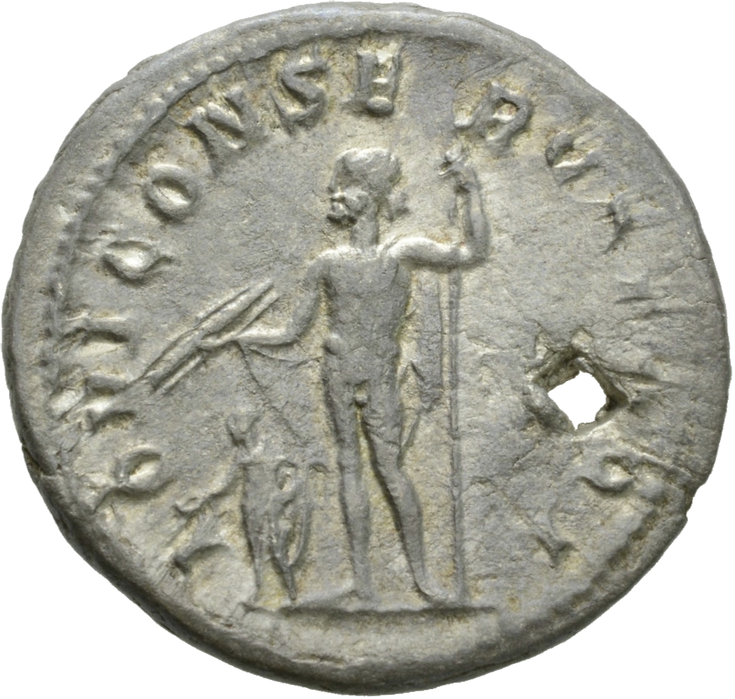 RIC IV Gordian III 2 Gordian III reverse, Jupiter, nude except for cloak on shoulders, standing front, head left, holding ...