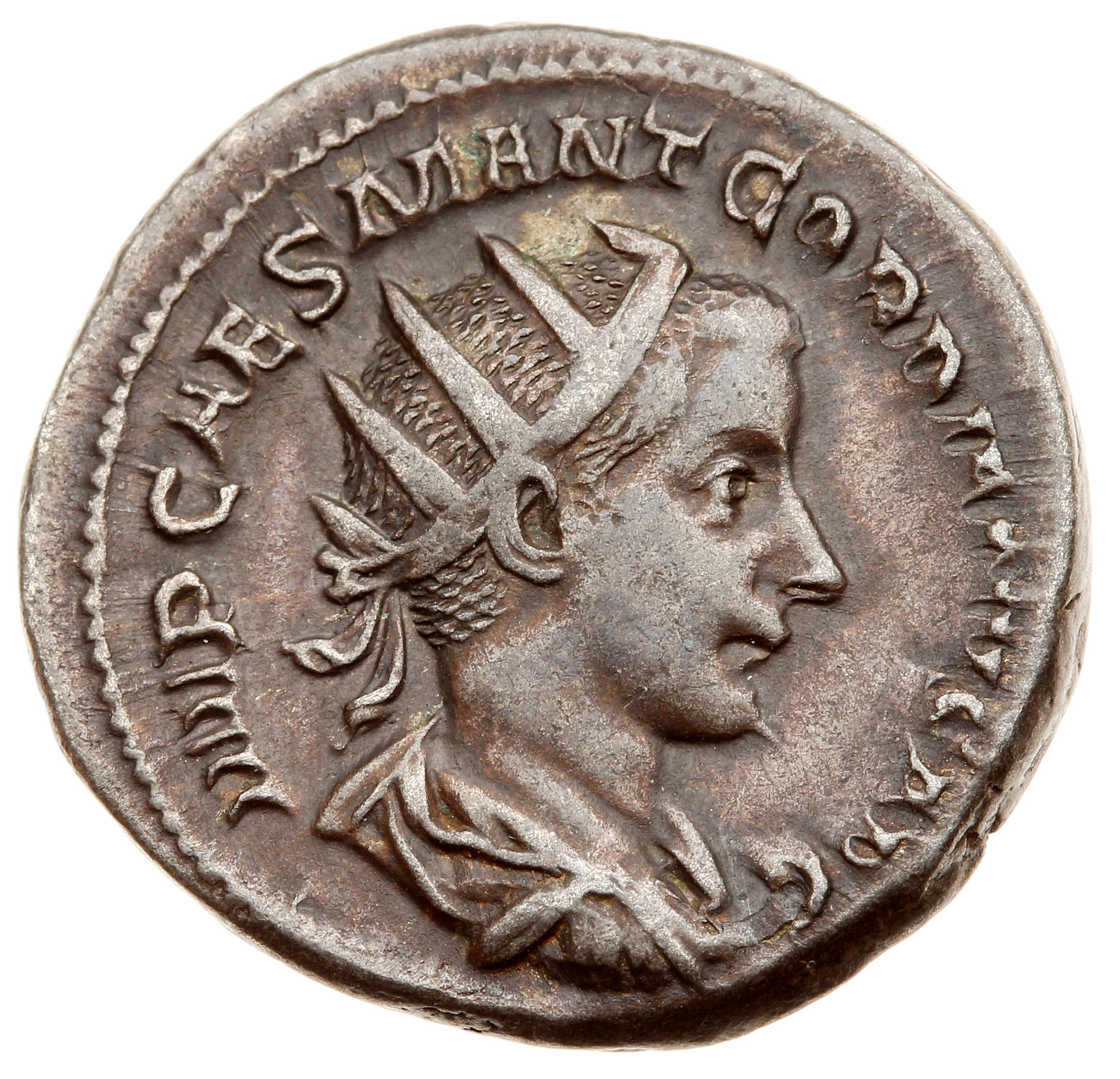 RIC IV Gordian III 2 Gordian III obverse — Bust of Gordian III, radiate, draped, cuirassed, right