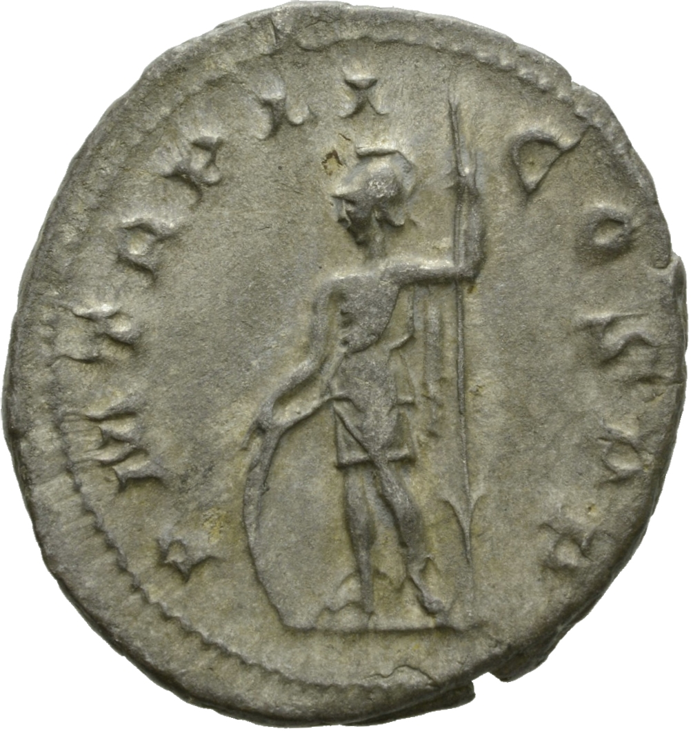 RIC IV Gordian III 20 Gordian III reverse, Virtus, helmeted, in military attire, standing front, head left, resting right ...