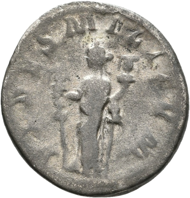 RIC IV Gordian III 209b Gordian III reverse, Fides, draped, standing left, holding a standard in each hand