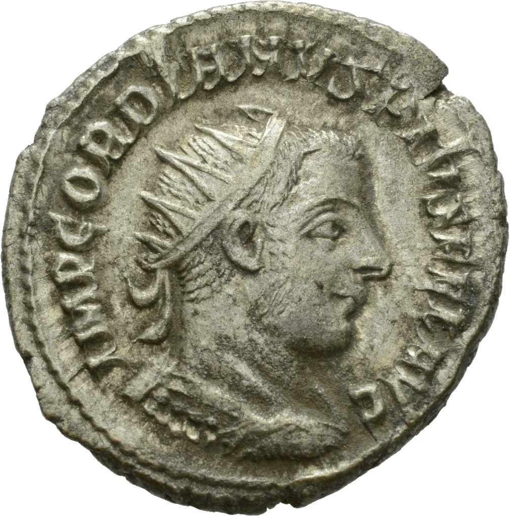 RIC IV Gordian III 210 Gordian III obverse, Drapierte Panzerbüste des Gordianus III. mit Strahlenkrone nach r.