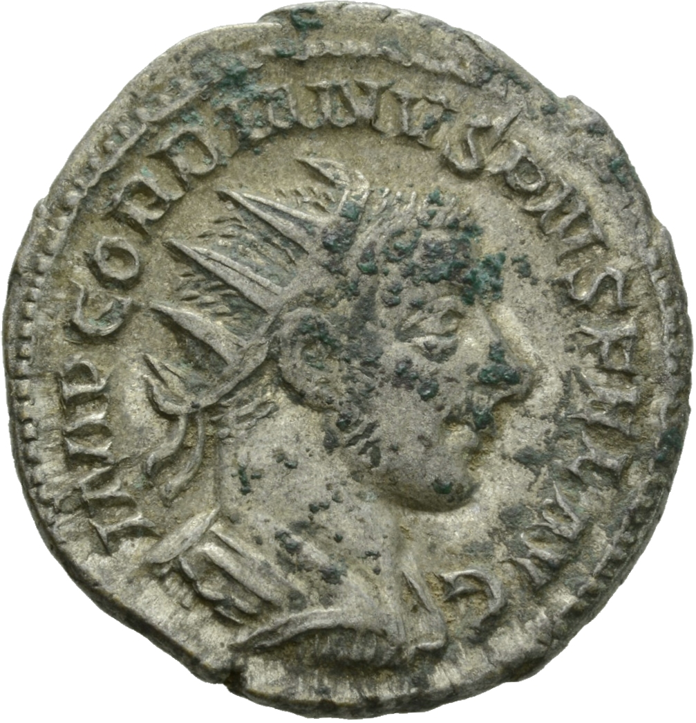 RIC IV Gordian III 213 Gordian III obverse, Bust of Gordian III, radiate, cuirassed, seen from behind, right