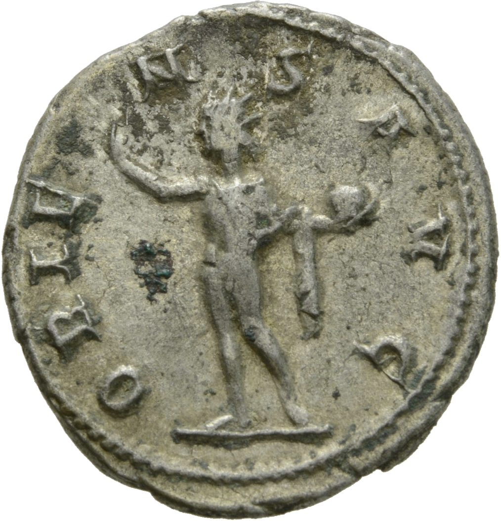 RIC IV Gordian III 213 Gordian III reverse, Sol, radiate, nude except for cloak around shoulders, standing left, raising r...