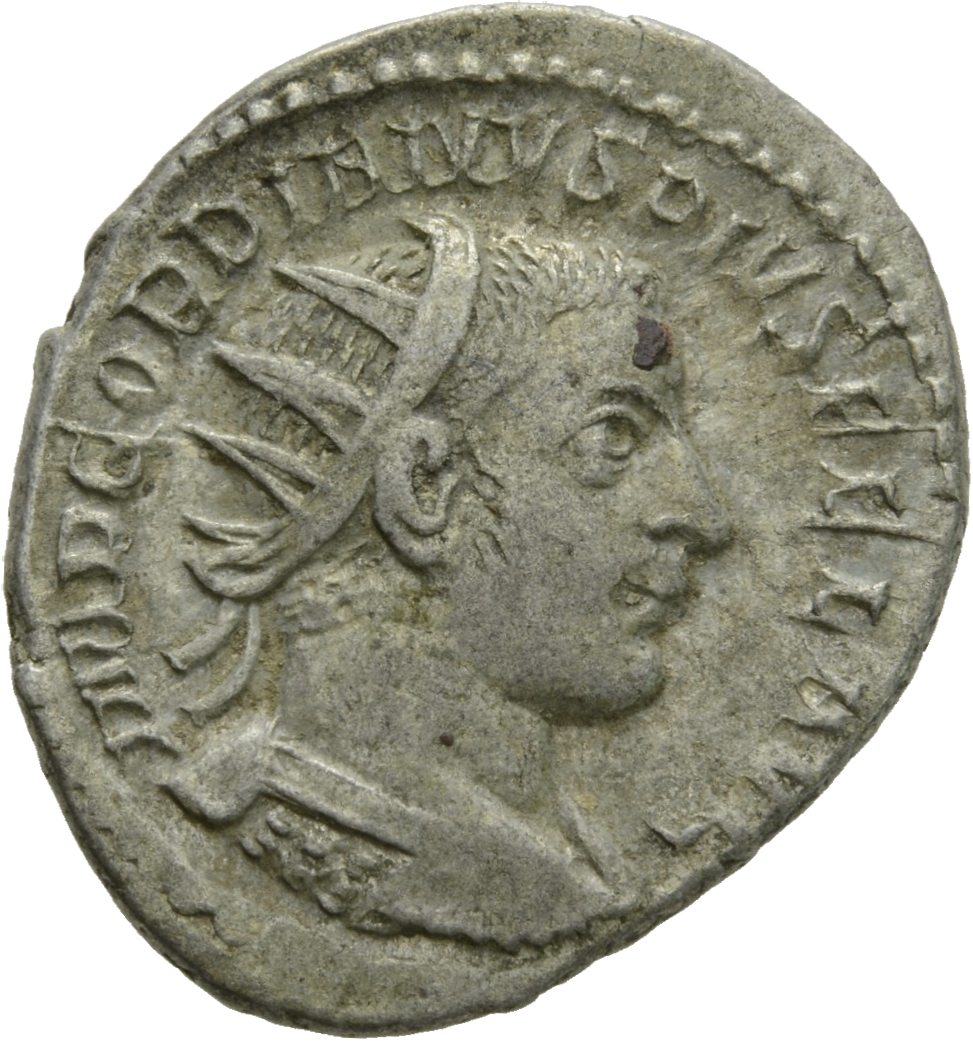 RIC IV Gordian III 214 Gordian III obverse, Drapierte Panzerbüste des Gordianus III. mit Strahlenkrone in der Rückenansich...