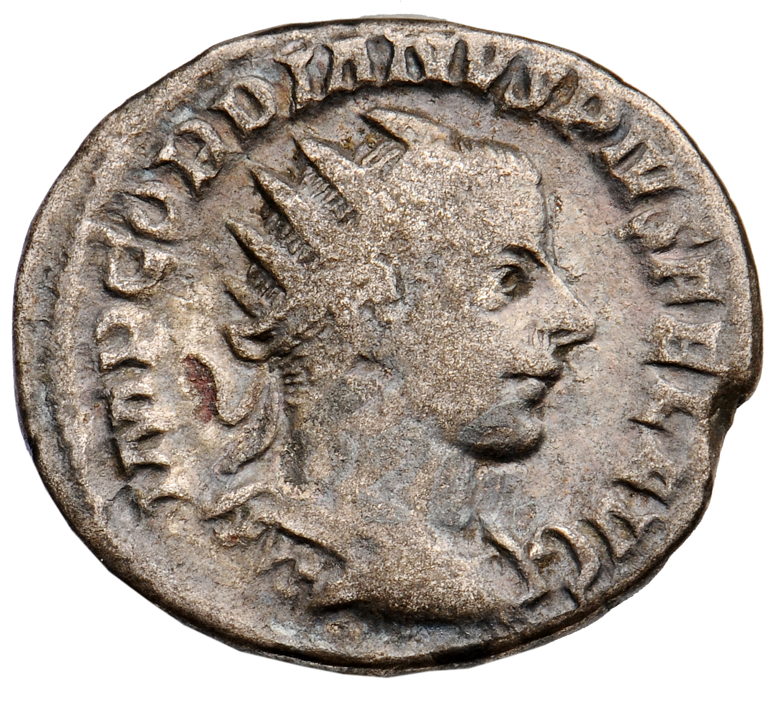 RIC IV Gordian III 216 Gordian III obverse, Drapierte Panzerbüste des Gordianus III. mit Strahlenkrone in der Rückenansich...