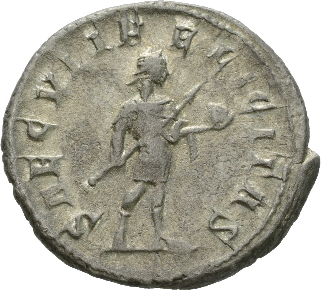 RIC IV Gordian III 216 Gordian III reverse, Gordian III, in military attire, standing right, holding transverse spear in r...
