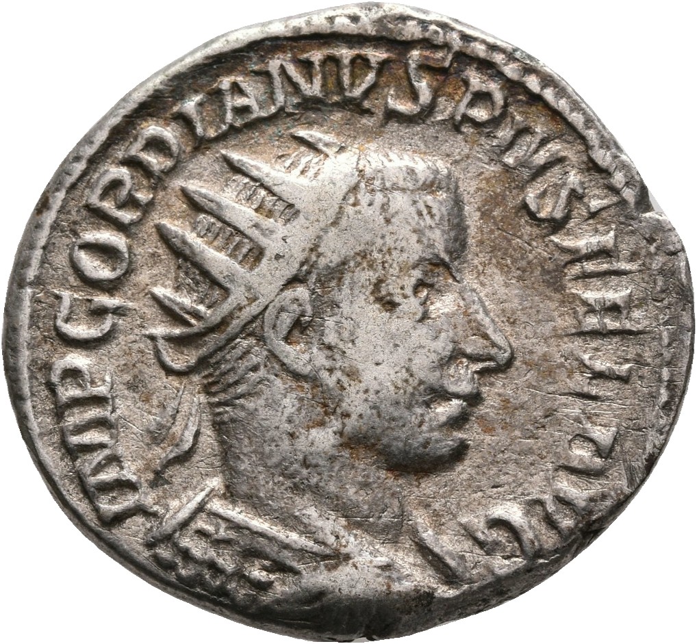 RIC IV Gordian III 216e Gordian III obverse — Bust of Gordian III, radiate, cuirassed, seen from behind, right