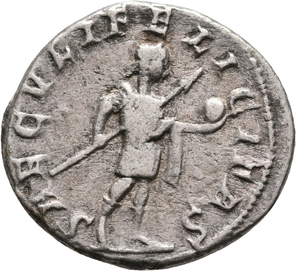 RIC IV Gordian III 216e Gordian III reverse — Gordian III, in military attire, standing right, holding transverse spear in...