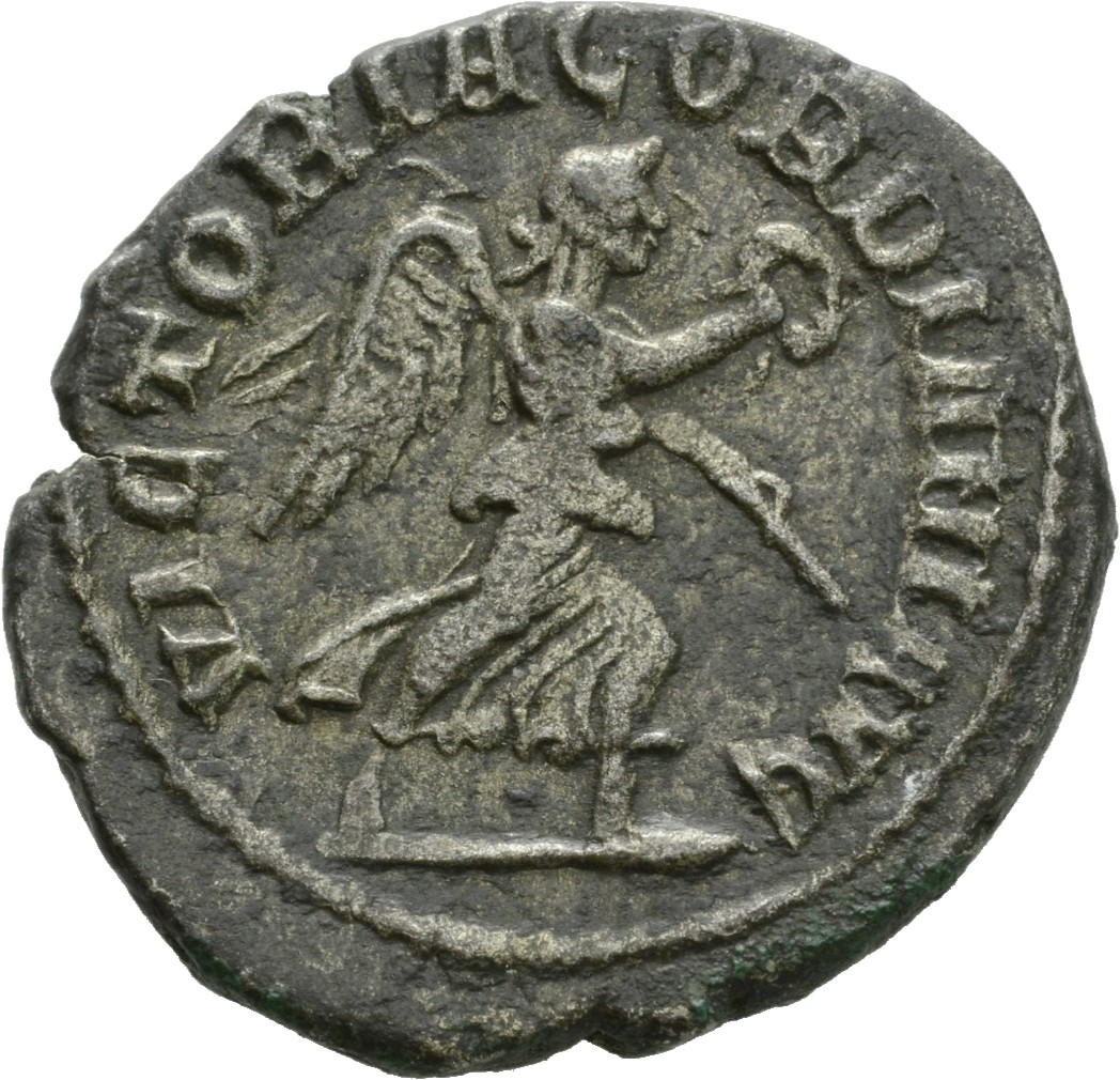 RIC IV Gordian III 219 Gordian III reverse, Victory, winged, draped, advancing left, holding wreath in extended right hand...