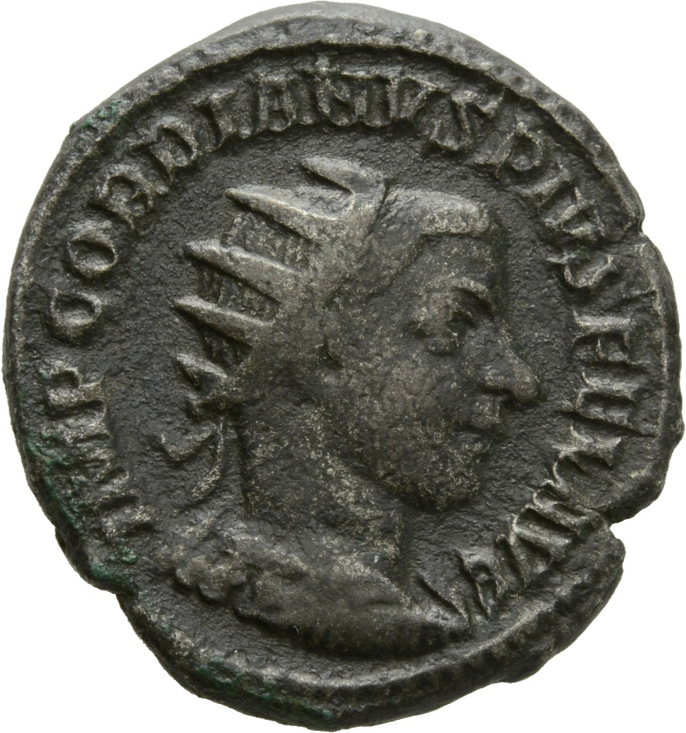 RIC IV Gordian III 219 Gordian III obverse, Drapierte Panzerbüste des Gordianus III. mit Strahlenkrone in der Rückenansich...