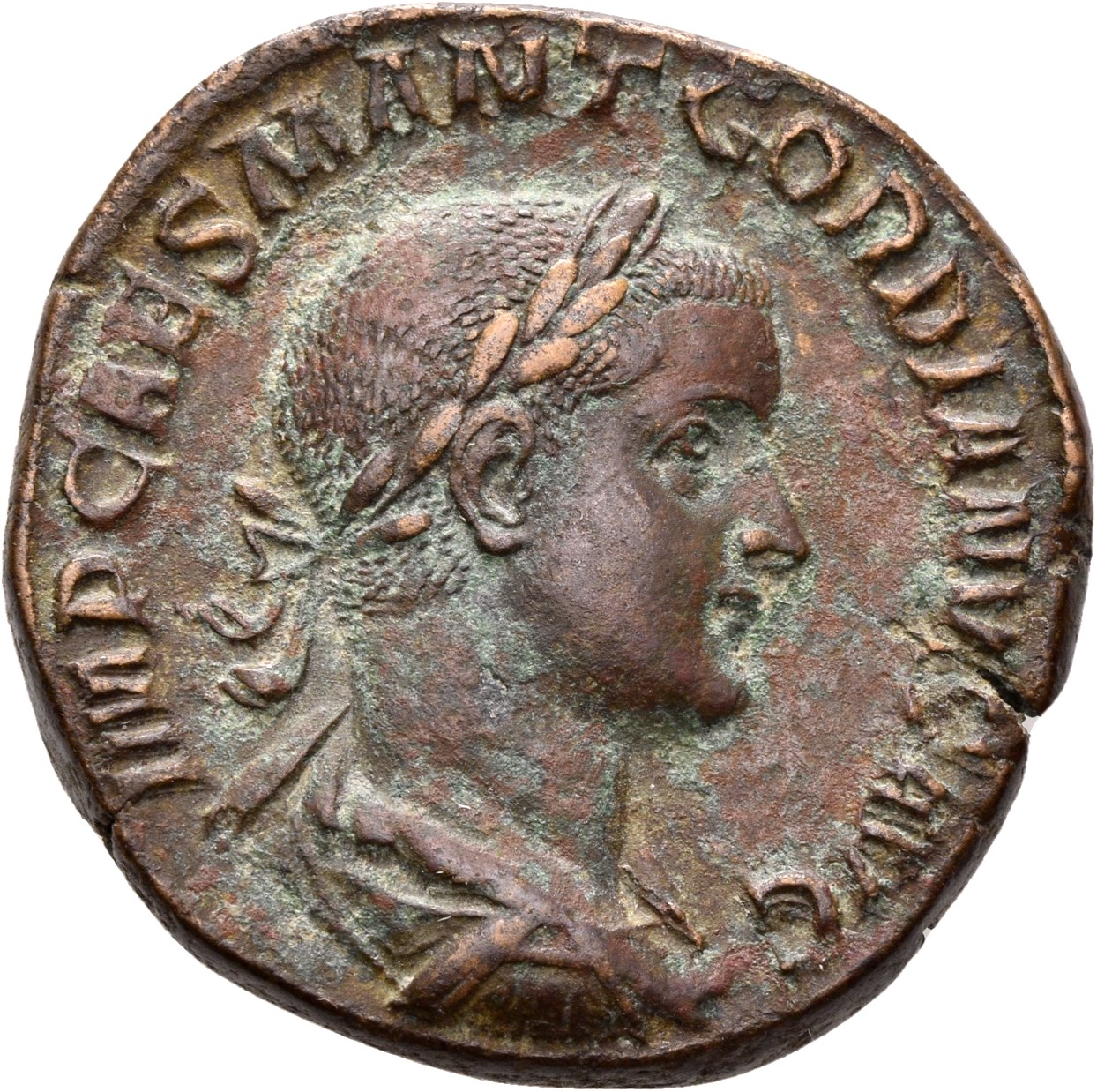 RIC IV Gordian III 258A Gordian III obverse, Bust of Gordian III, laureate, draped, cuirassed, right