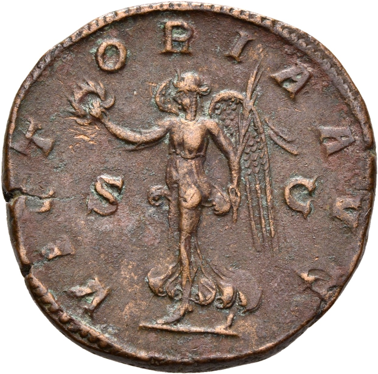 RIC IV Gordian III 258A Gordian III reverse — Victory, winged, draped, advancing left, holding wreath in extended right ha...