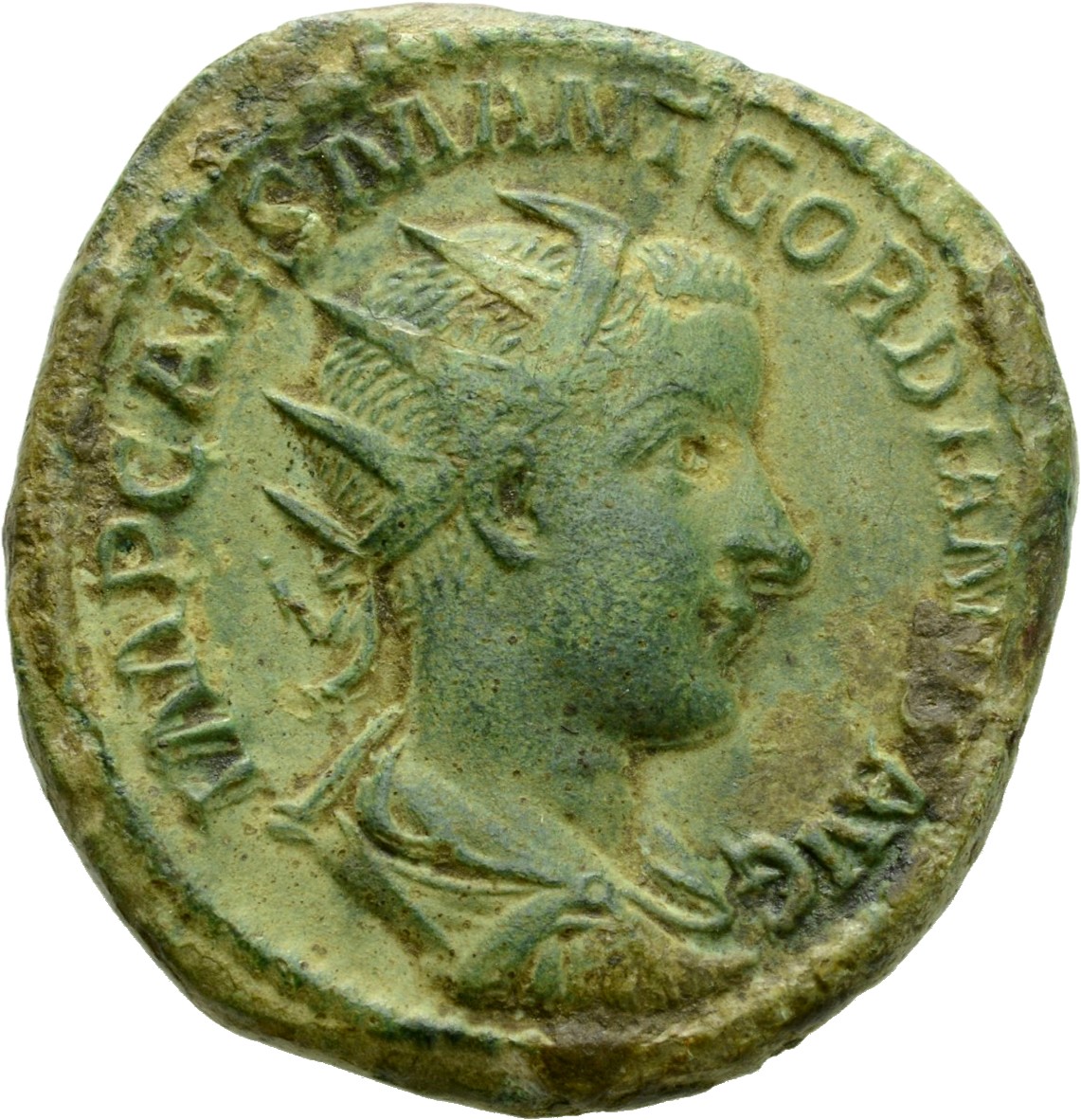 RIC IV Gordian III 267B Gordian III obverse, Bust of Gordian III, radiate, draped, cuirassed, right