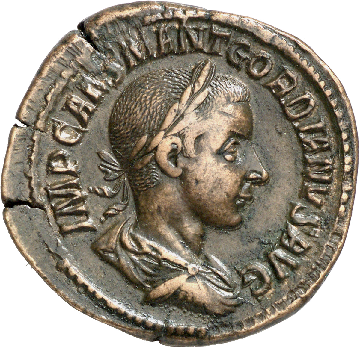RIC IV Gordian III 269 Gordian III obverse, Drapierte Panzerbüste des Gordianus III. mit Lorbeerkranz in der Rückenansicht...