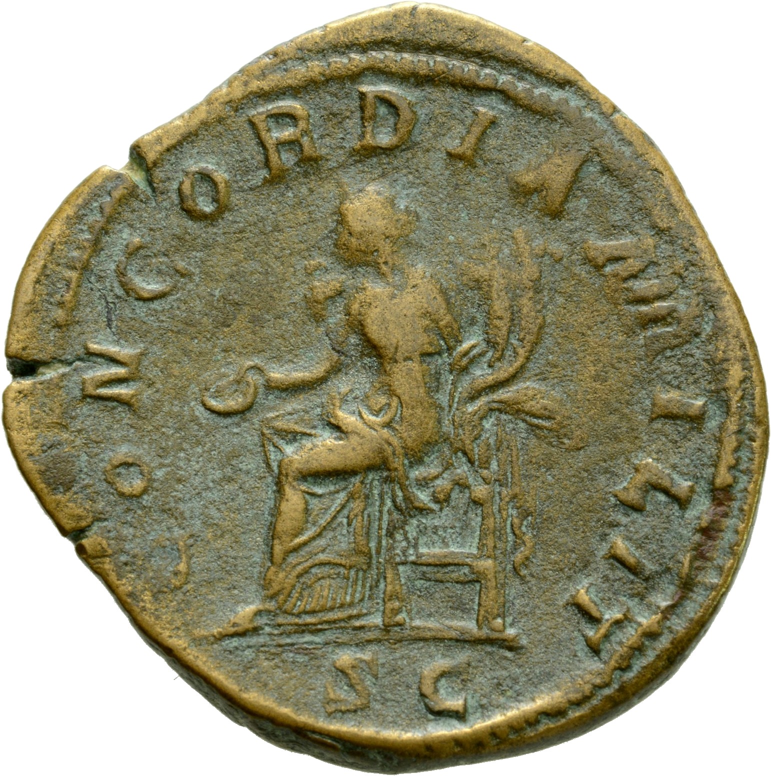 RIC IV Gordian III 288A Gordian III reverse, Concordia, draped, seated left on throne, holding patera in extended right ha...