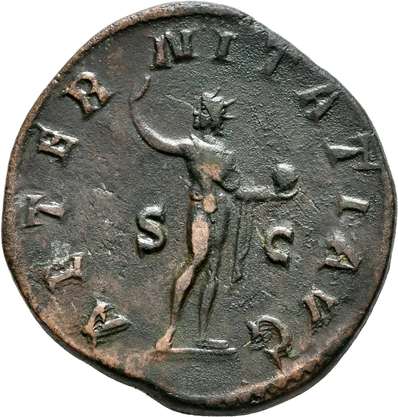RIC IV Gordian III 297A Gordian III reverse, Sol, nude except for cloak around shoulders, standing front, head left, raisi...