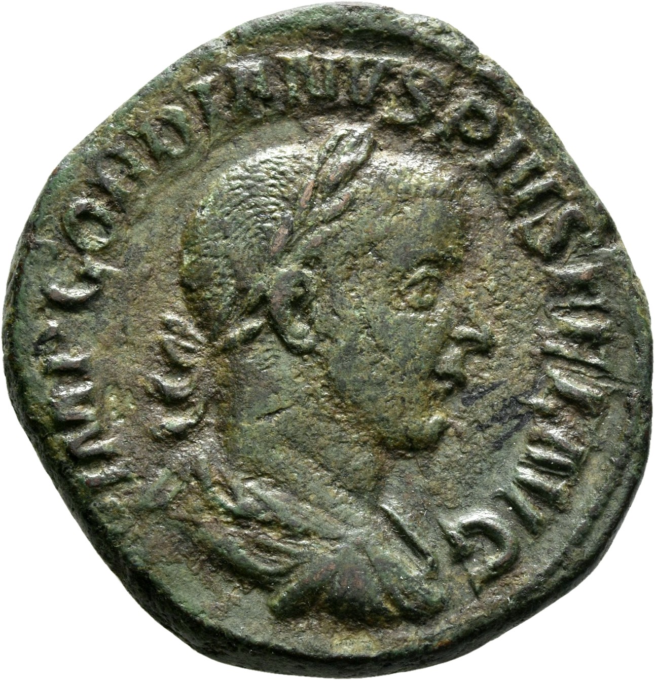 RIC IV Gordian III 298 Gordian III obverse, Drapierte und gepanzerte Büste des Gordianus III. mit Lorbeerkranz n. r.; Perl...