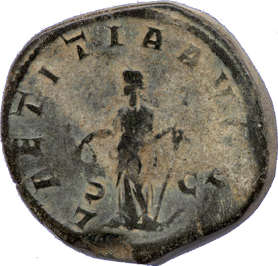 RIC IV Gordian III 300 Gordian III reverse, Laetitia, draped, standing left, holding wreath in extended right hand and anc...