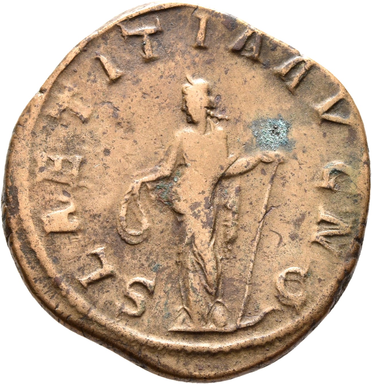 RIC IV Gordian III 300A Gordian III reverse, Laetitia, draped, standing left, holding wreath in extended right hand and an...