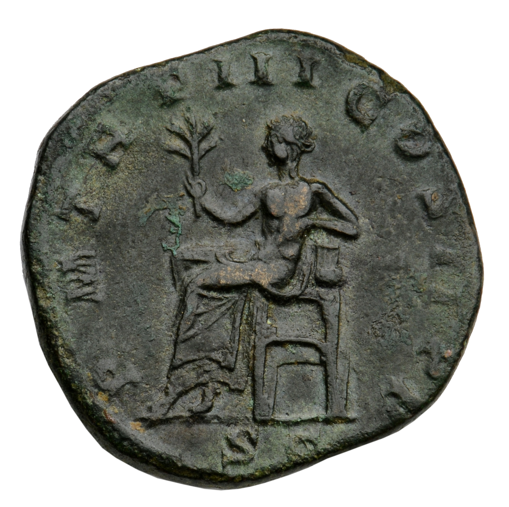 RIC IV Gordian III 301A Gordian III reverse, Apollo, nude to waist, seated left, holding branch in extended right hand and...