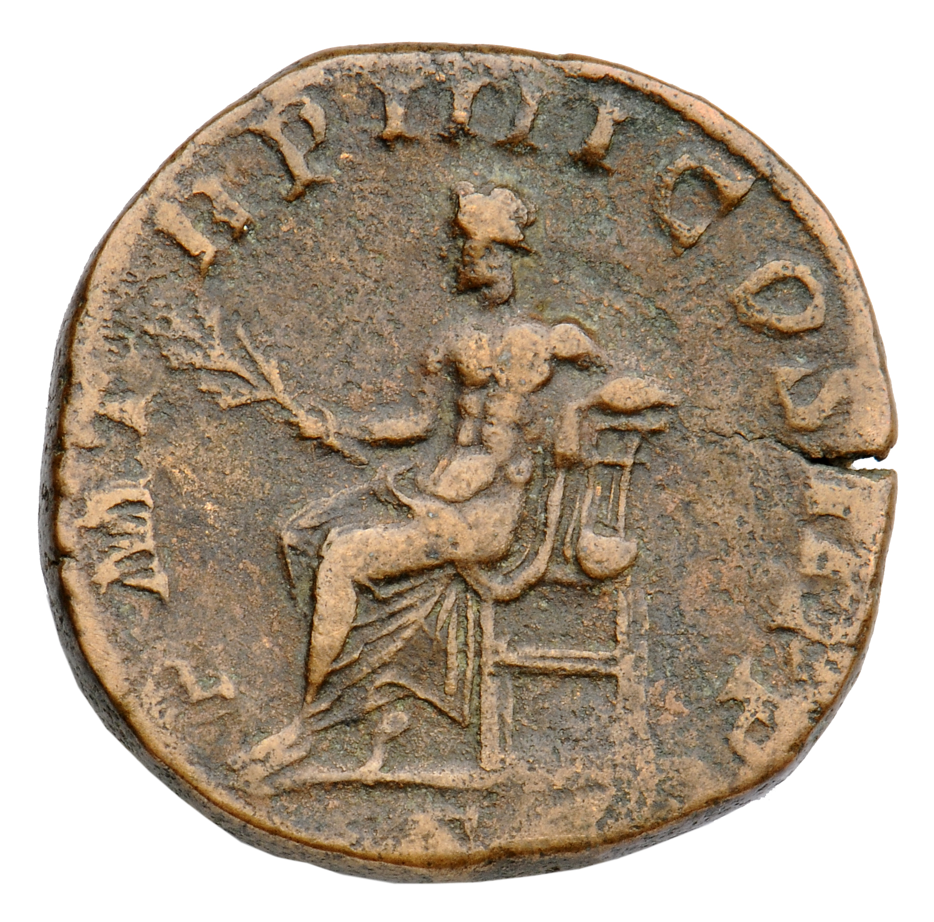 RIC IV Gordian III 302 Gordian III reverse, Apollo, nude to waist, seated left, holding branch in extended right hand and ...