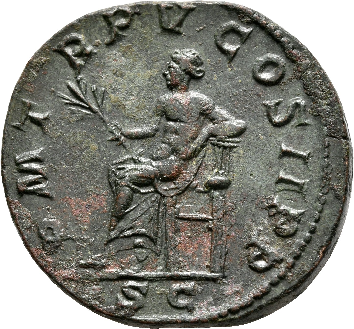 RIC IV Gordian III 303A Gordian III reverse, Apollo, nude to waist, seated left, holding branch in extended right hand and...