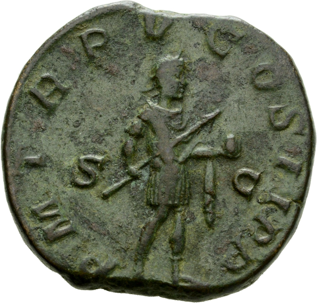 RIC IV Gordian III 307A Gordian III reverse, Gordian III, in military attire, standing right, holding transverse spear in ...