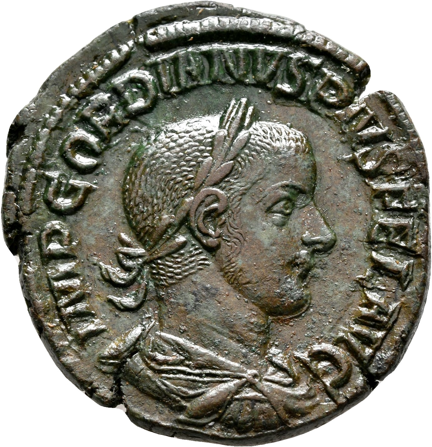 RIC IV Gordian III 307A Gordian III obverse, Bust of Gordian III, laureate, draped, cuirassed, right