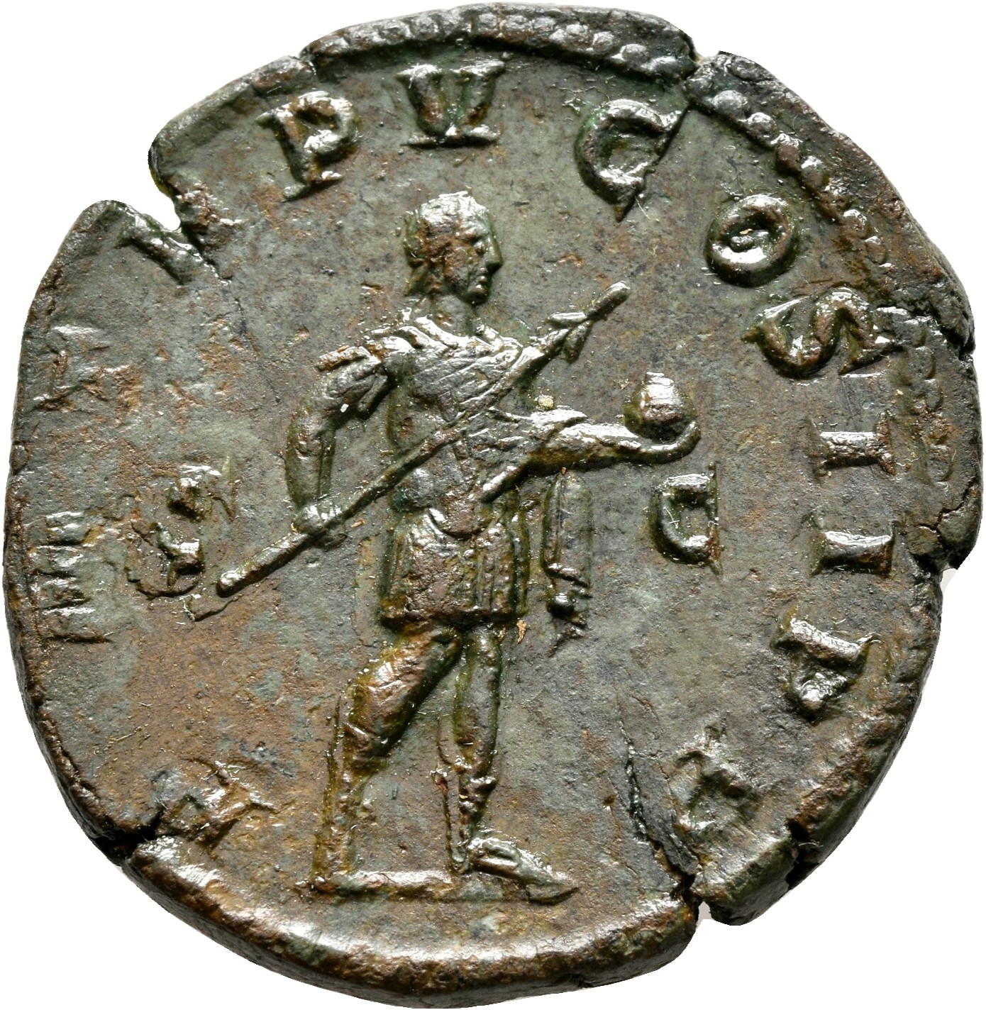 RIC IV Gordian III 307A Gordian III reverse, Gordian III, in military attire, standing right, holding transverse spear in ...