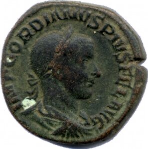 RIC IV Gordian III 308 Gordian III obverse, Bekränzte Büste des Gordianus, nach r.; im Perlkreis.
