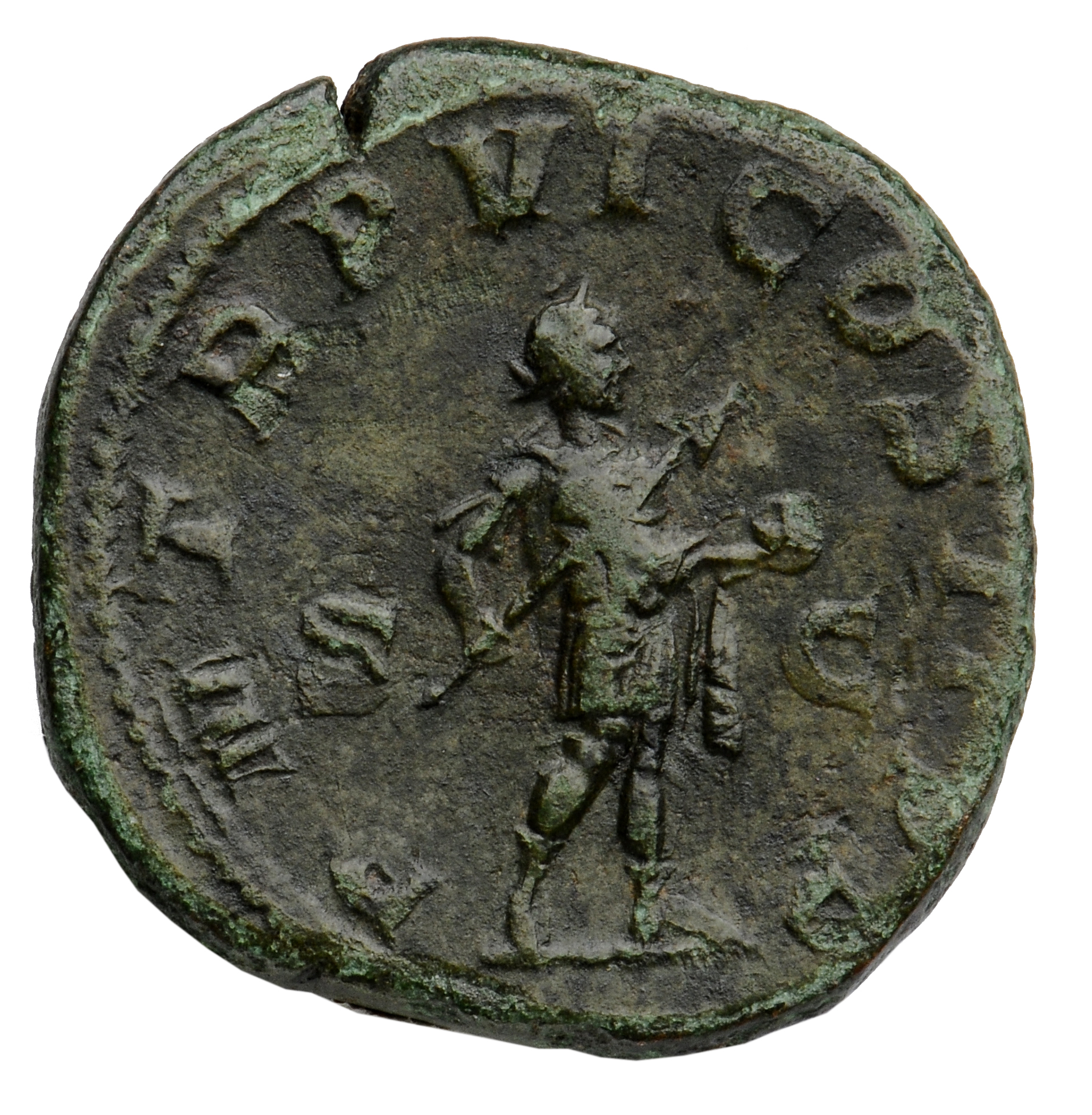 RIC IV Gordian III 308A Gordian III reverse, Gordian III, in military attire, standing right, holding transverse spear in ...
