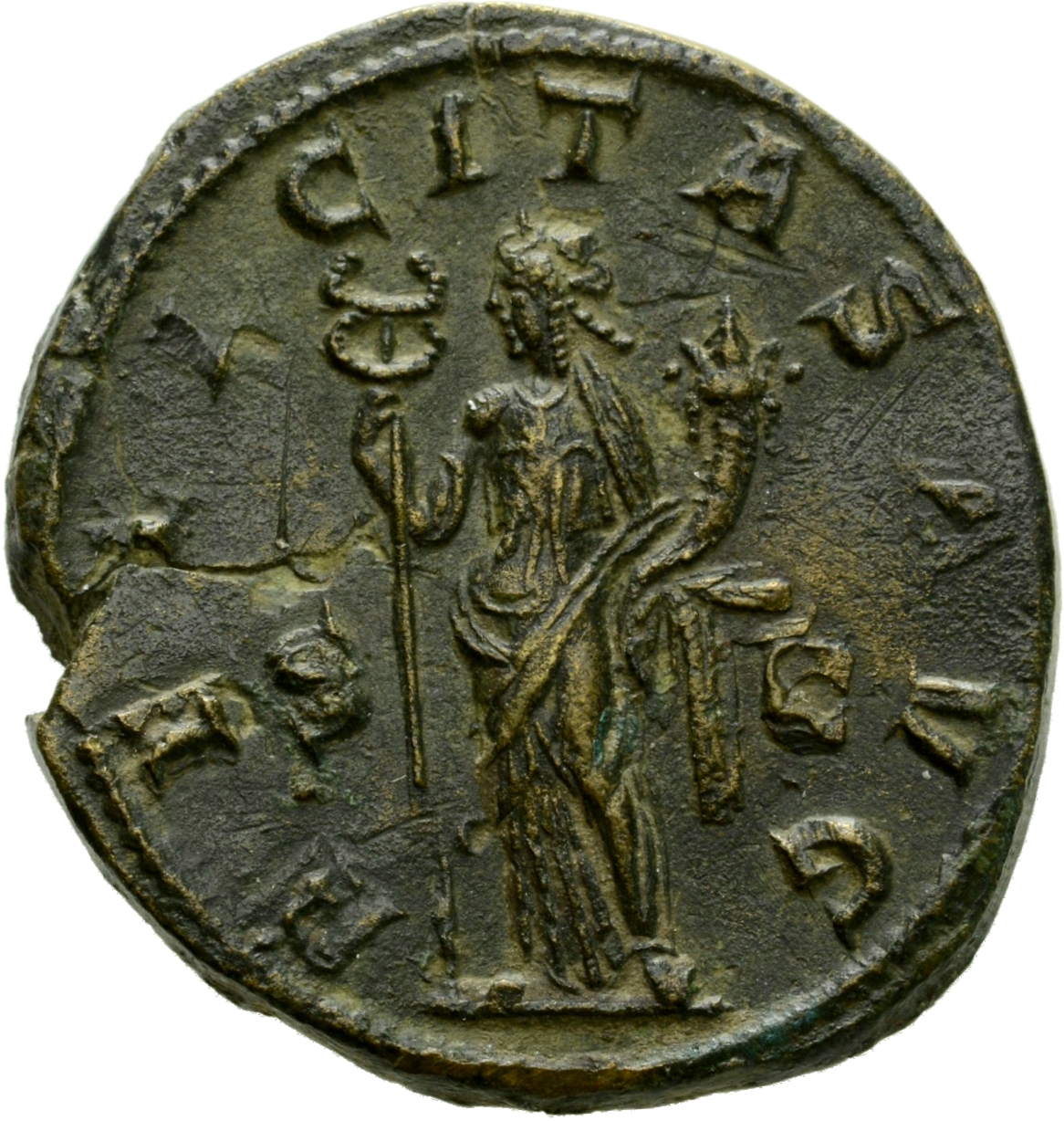 RIC IV Gordian III 310C Gordian III reverse, Felicitas, draped, standing front, head left, holding caduceus in right hand ...