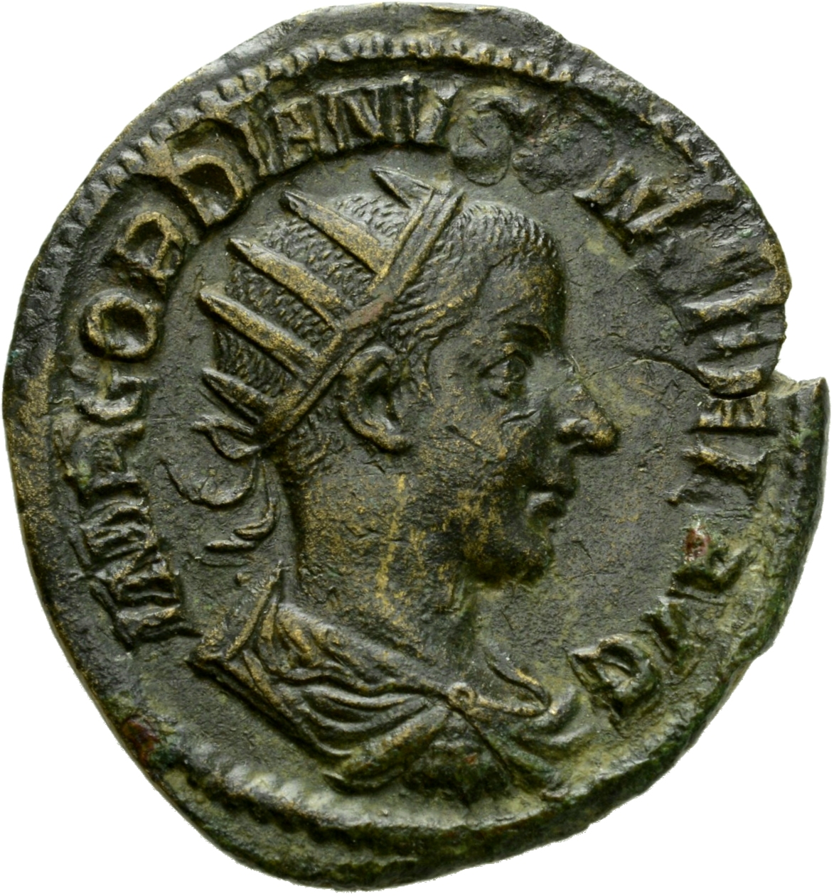 RIC IV Gordian III 310C Gordian III obverse, Bust of Gordian III, radiate, draped, cuirassed, right