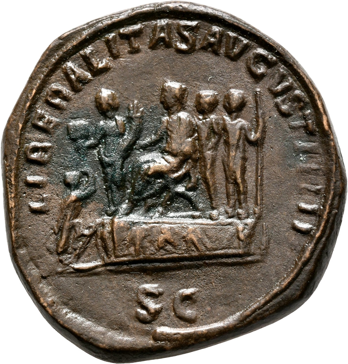 RIC IV Gordian III 317A Gordian III reverse, Gordian III, togate, seated left on platform accompanied by Liberalitas and t...