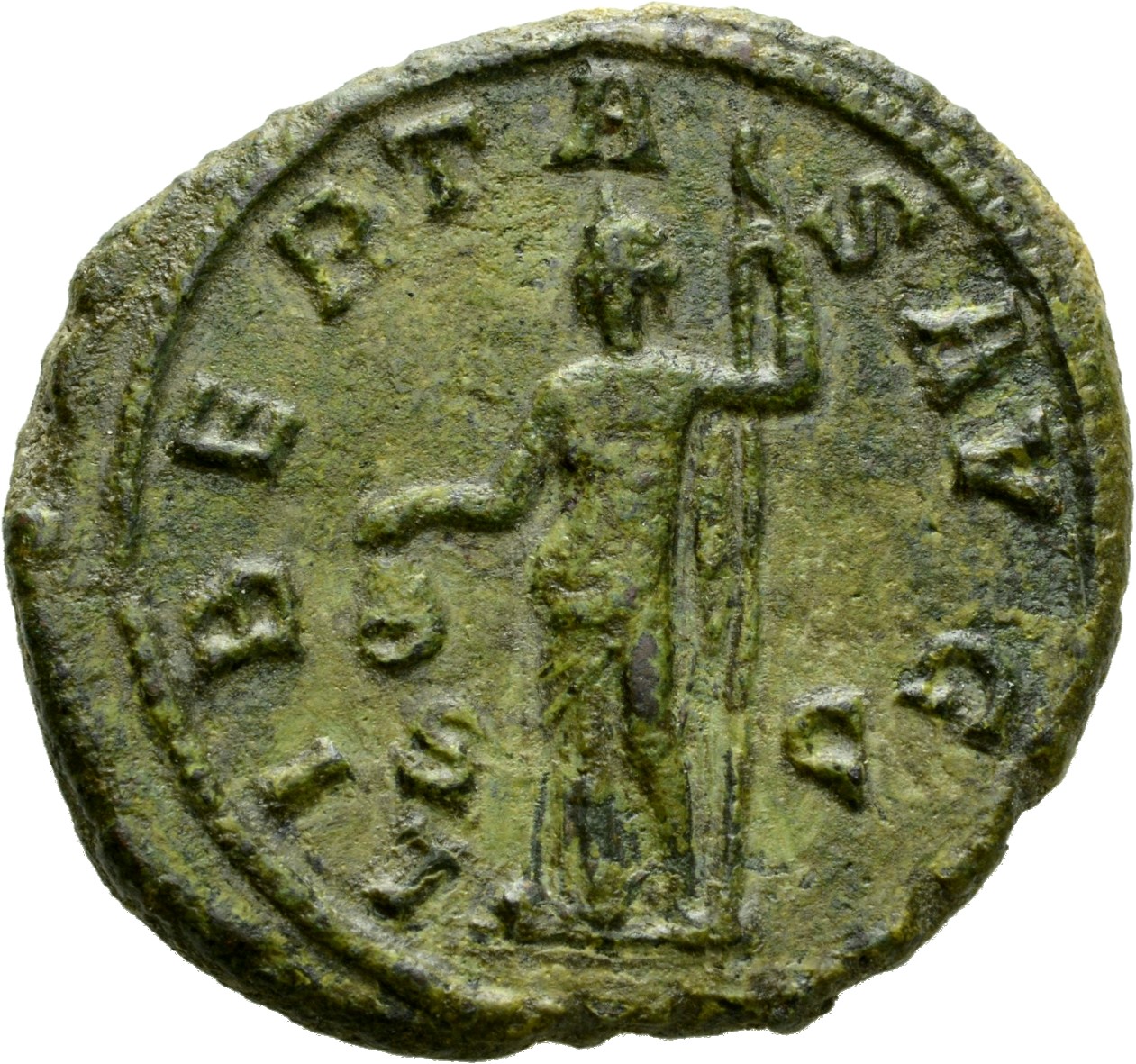 RIC IV Gordian III 318B Gordian III reverse, Libertas, draped, standing left, holding pileus in extended right hand and sc...