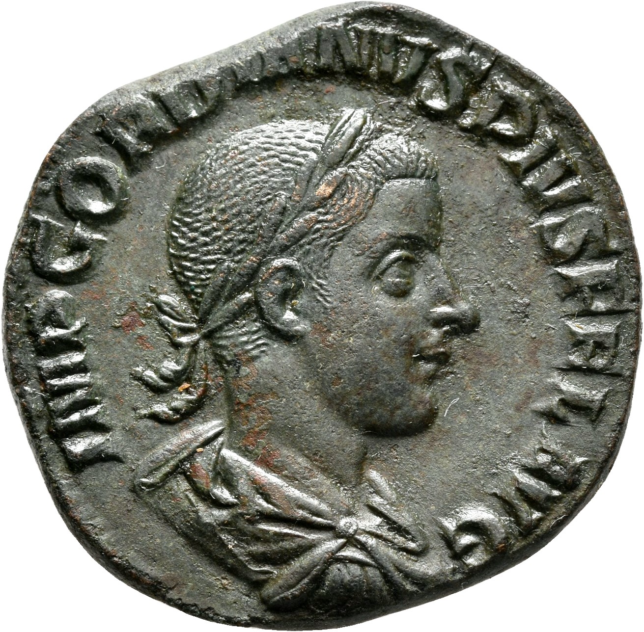 RIC IV Gordian III 319A Gordian III obverse, Bust of Gordian III, laureate, draped, cuirassed, right