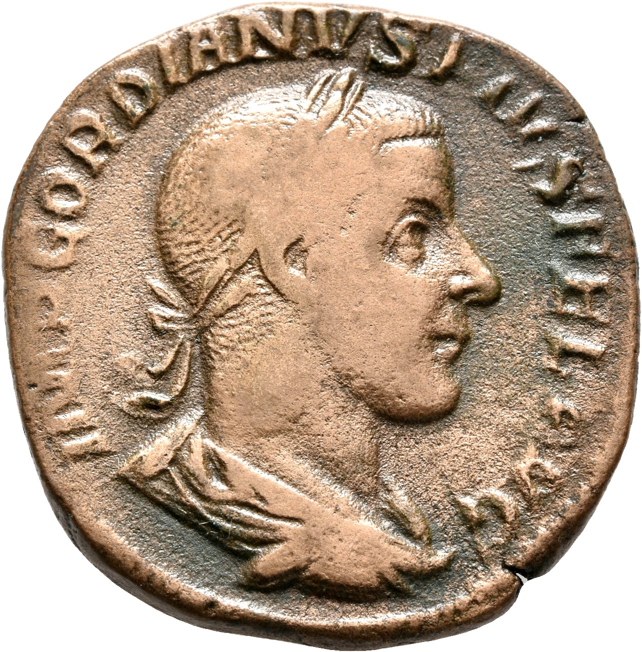 RIC IV Gordian III 331A Gordian III obverse, Bust of Gordian III, laureate, draped, cuirassed, right