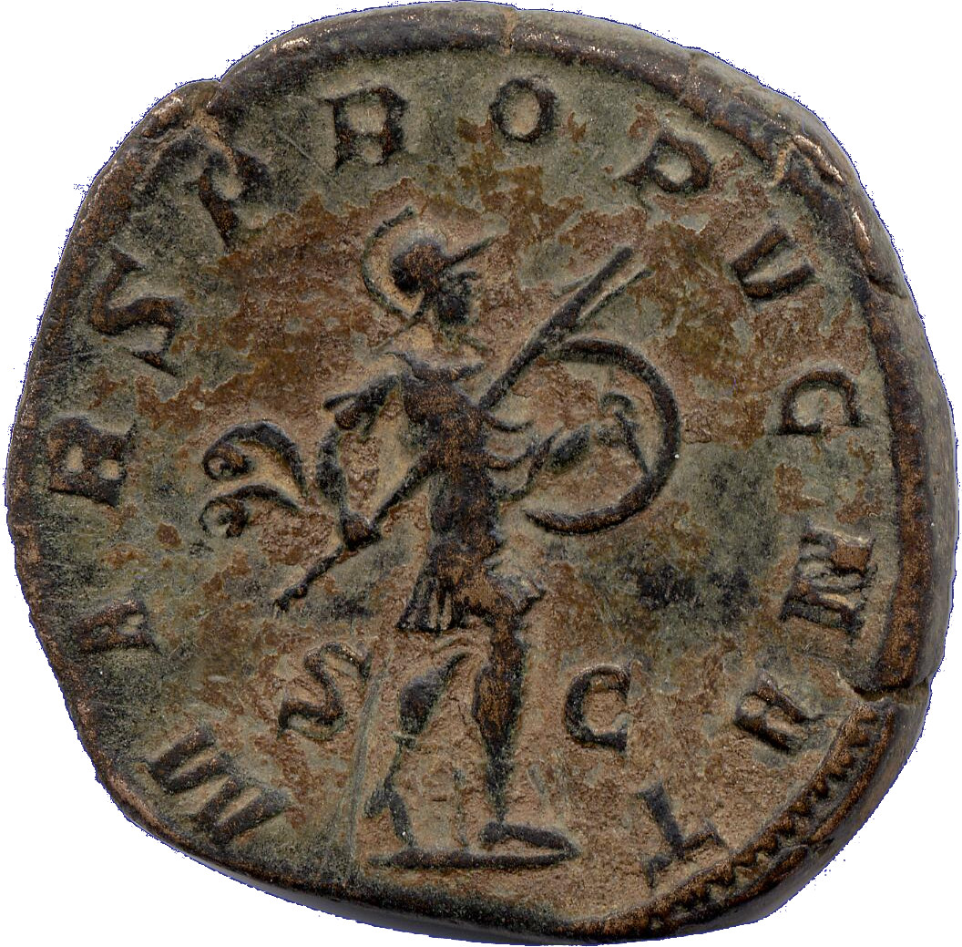 RIC IV Gordian III 332 Gordian III reverse, Mars, helmeted, in military attire, hastening right, holding transverse spear ...