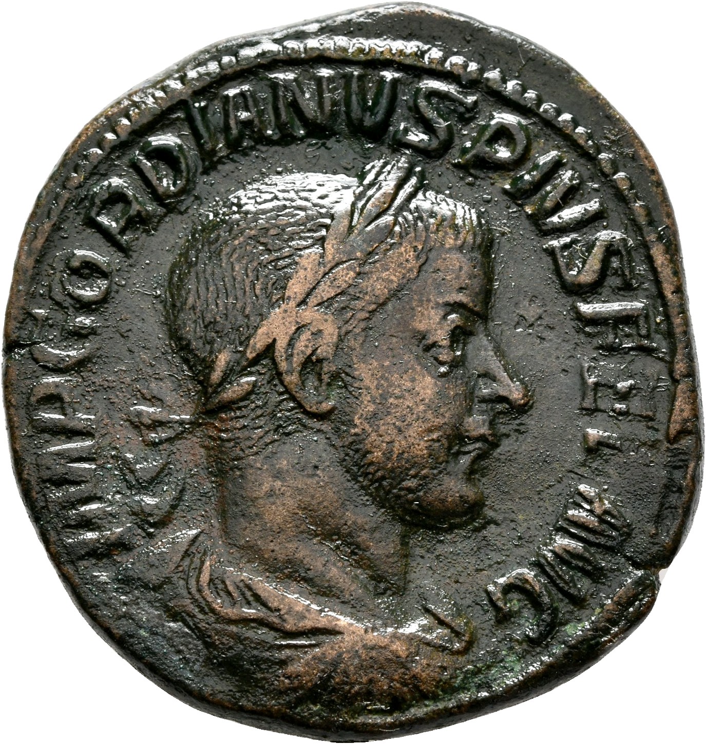 RIC IV Gordian III 335A Gordian III obverse, Bust of Gordian III, laureate, draped, cuirassed, right