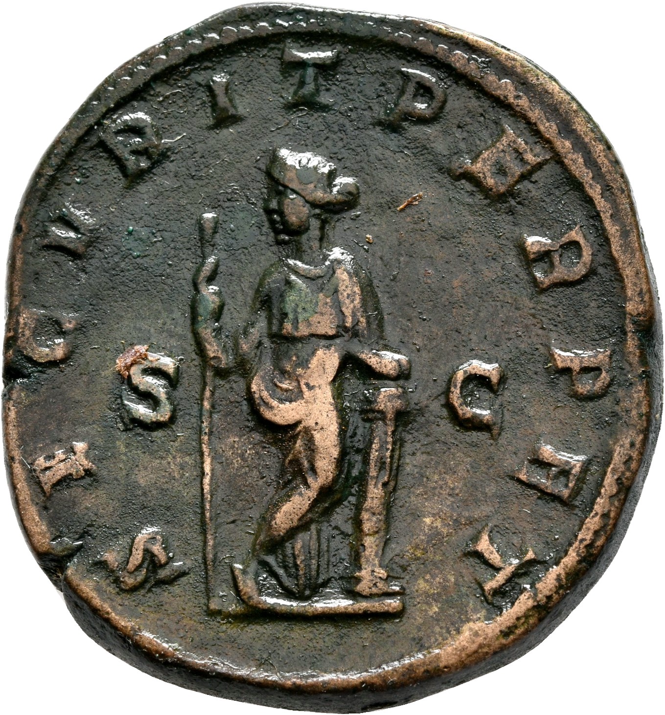 RIC IV Gordian III 335A Gordian III reverse, Securitas, draped, standing left with legs cross, leaning left arm on column,...