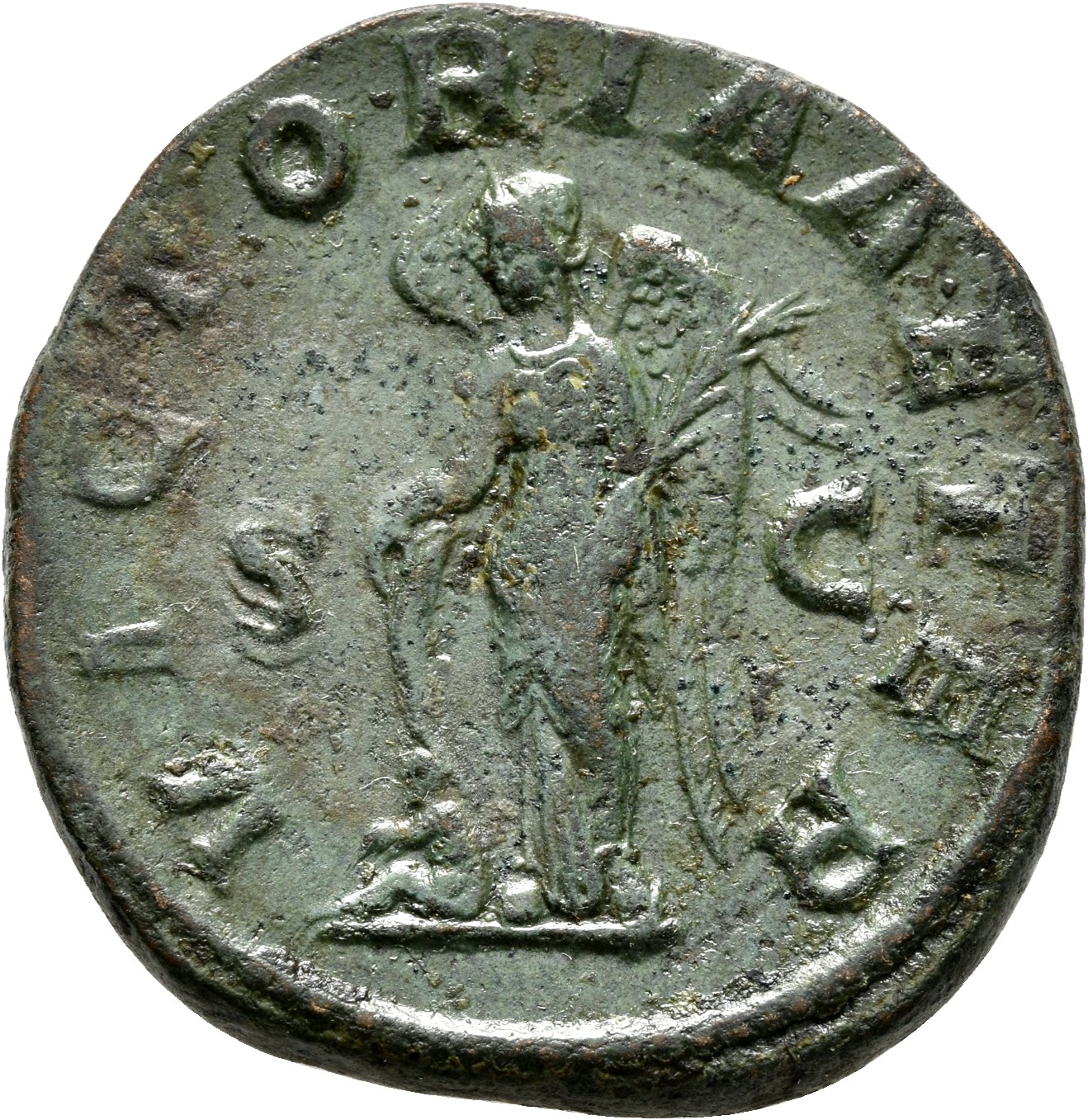 RIC IV Gordian III 337A Gordian III reverse, Victory, winged, draped, standing left, leaning on shield, and holding palm i...
