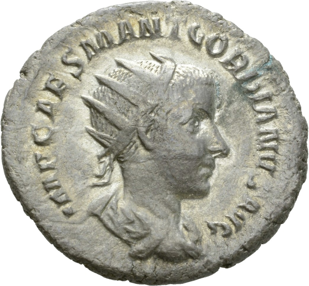 RIC IV Gordian III 34 Gordian III obverse, Bust of Gordian III, radiate, draped, cuirassed, right