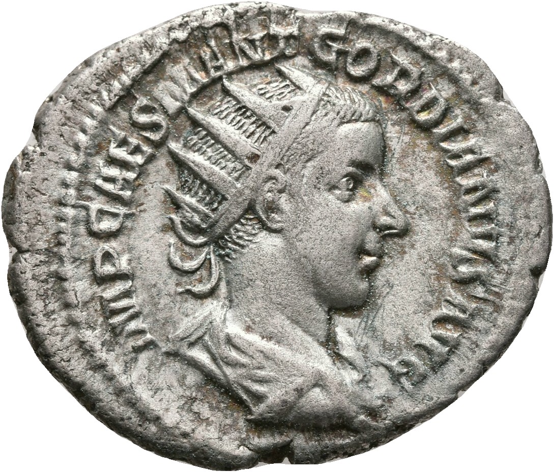 RIC IV Gordian III 34 Gordian III obverse, Bust of Gordian III, radiate, draped, cuirassed, right