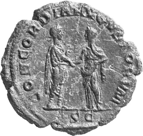 RIC IV Gordian III 341B Gordian III reverse, Gordian III, togate, standing right, holding roll in left hand and clasping r...