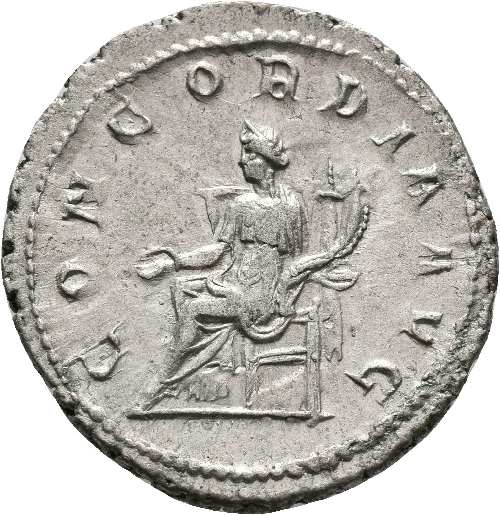 RIC IV Gordian III 35 Gordian III reverse, Concordia, draped, seated left on throne, holding patera in extended right hand...