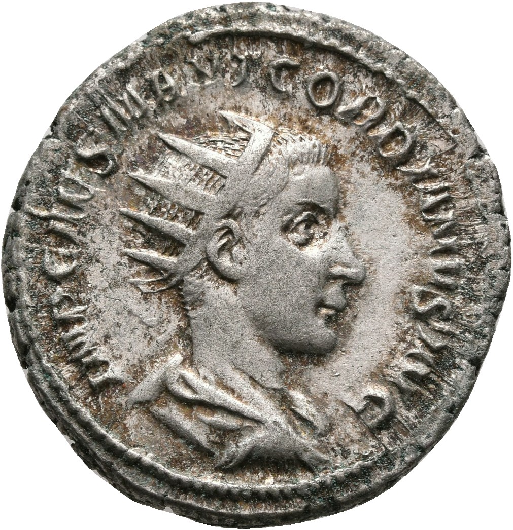 RIC IV Gordian III 35 Gordian III obverse, Bust of Gordian III, radiate, draped, cuirassed, right