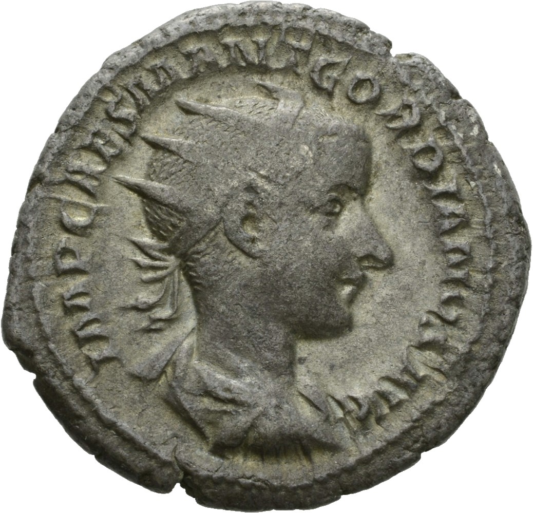 RIC IV Gordian III 36 Gordian III obverse, Bust of Gordian III, radiate, draped, cuirassed, right