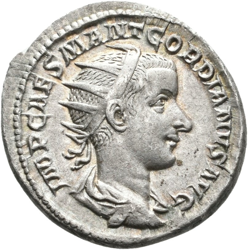 RIC IV Gordian III 36 Gordian III obverse, Bust of Gordian III, radiate, draped, cuirassed, right