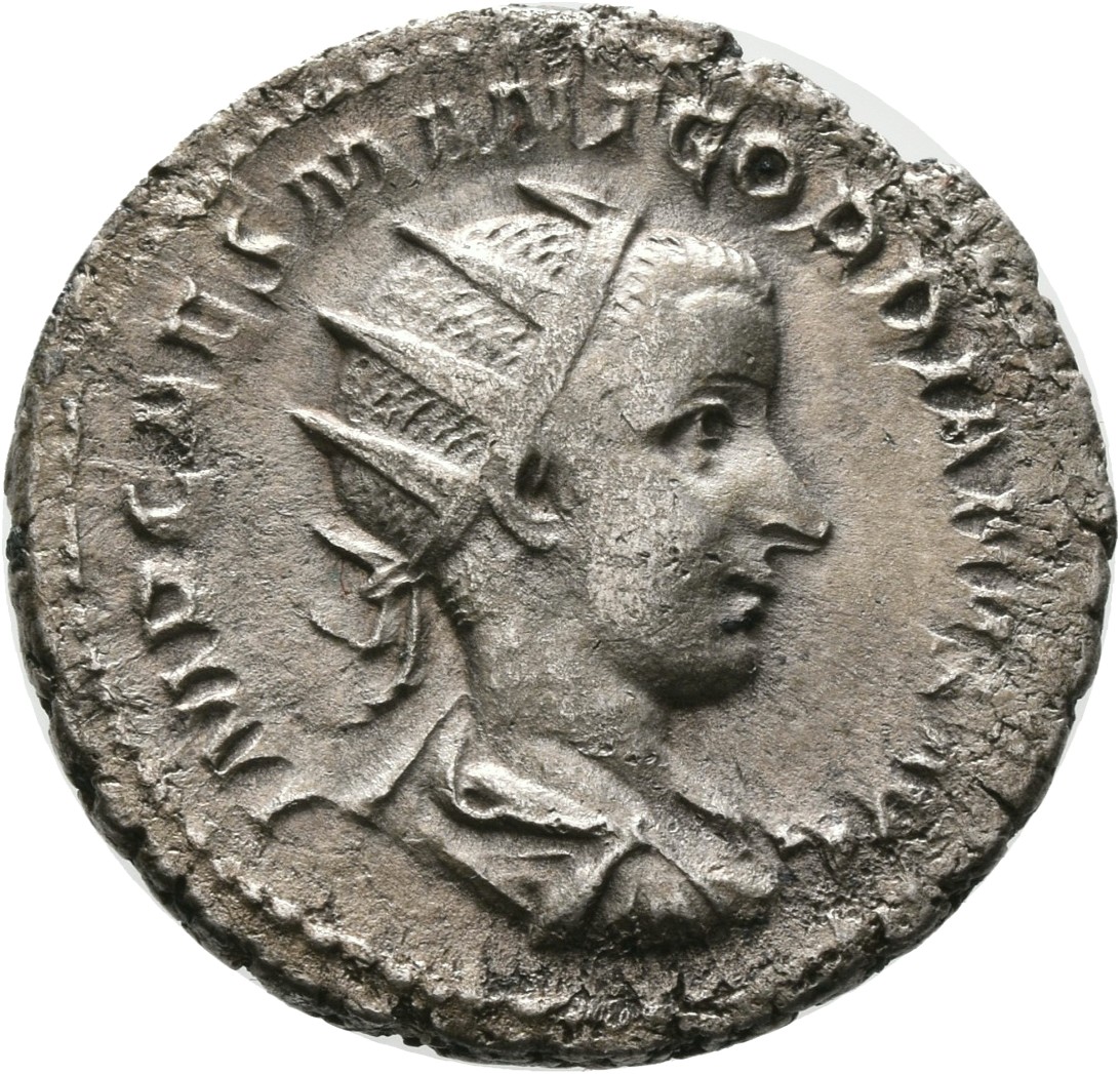 RIC IV Gordian III 37 Gordian III obverse, Bust of Gordian III, radiate, draped, cuirassed, right