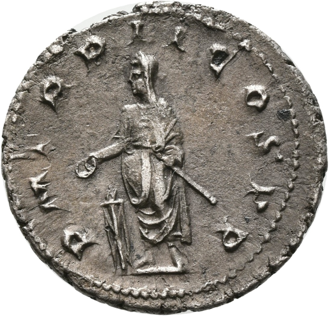 RIC IV Gordian III 37 Gordian III reverse, Gordian III, veiled, togate, standing front, head left, sacrificing out of pate...